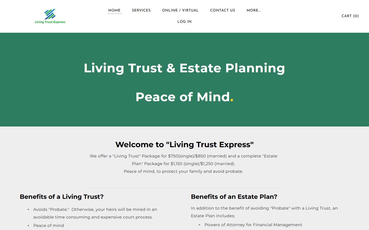 The current Living Trust Express homepage